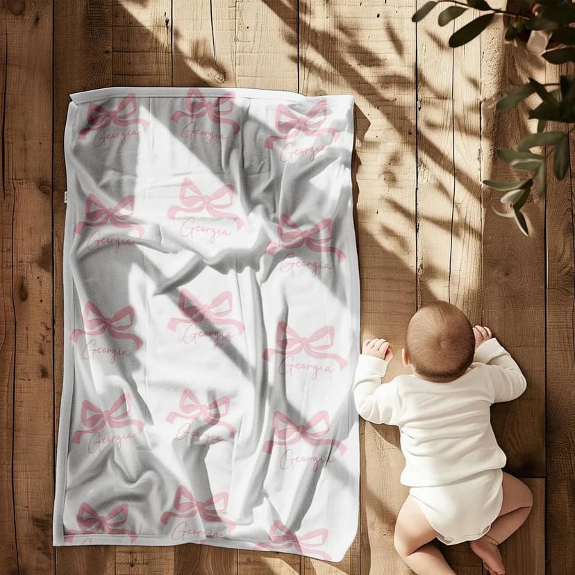 Personalized Baby Blanket with Bow – Custom Name Blanket for Newborn Girl, Soft Coral Fleece Blanket with Custom Bow & Text Color, Keepsake Nursery Blanket