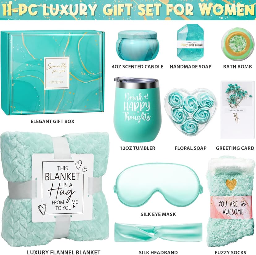 Birthday Gifts for Women Self Care Gifts Get Well Soon Gifts, Ocean Relaxing Spa Gifts Basket Care Package w/ Luxury Flannel Blanket, Unique Mothers Day Gifts Idea for Mom Her Friends Sister Wife