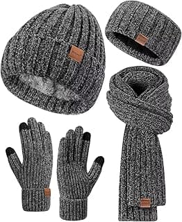 Women Beanie Scarf Gloves Headband Set, Chenille Winter Hats Fleece Lined Ear Warmer Knit Scarf Touchscreen Gloves 4 Gift Set