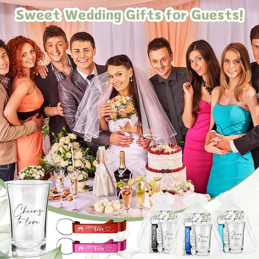 200 Pcs 50 Sets Wedding Favors for Guest Bulk 2 oz Cheers to Love Acrylic Shot Glasses Wedding Bottle Openers with Thank You Cards Bags for Guest Souvenirs Gifts Newlyweds Bridal Shower