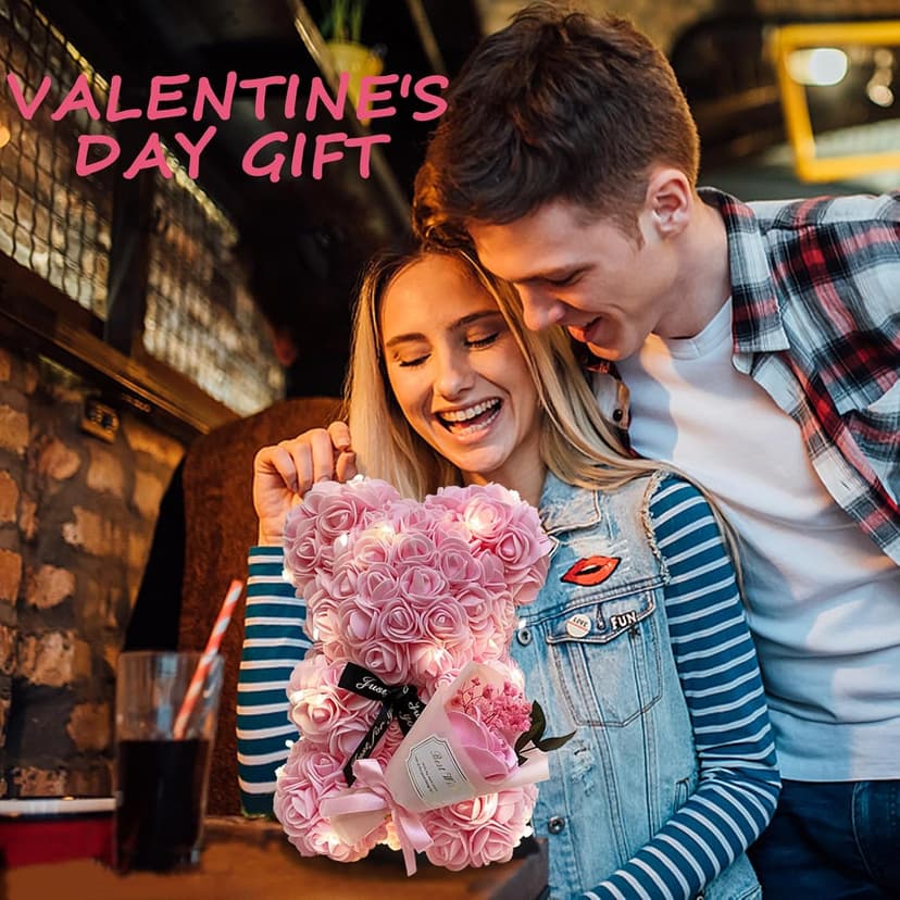 Romantic Valentines Day Gift for Her Rose Artificial Flower Rose Teddy Bear for Wife, Girlfriend Mother Daugther Women. Blind Box for Christmas Birthday Wedding Anniversary (Pink Bear)