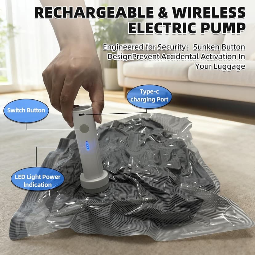 15 Pack Travel Vacuum Bags for Clothing with Rechargeable Electric Pump，Travel Vaccine Sealed Storage Bag for Clothes Suitcase