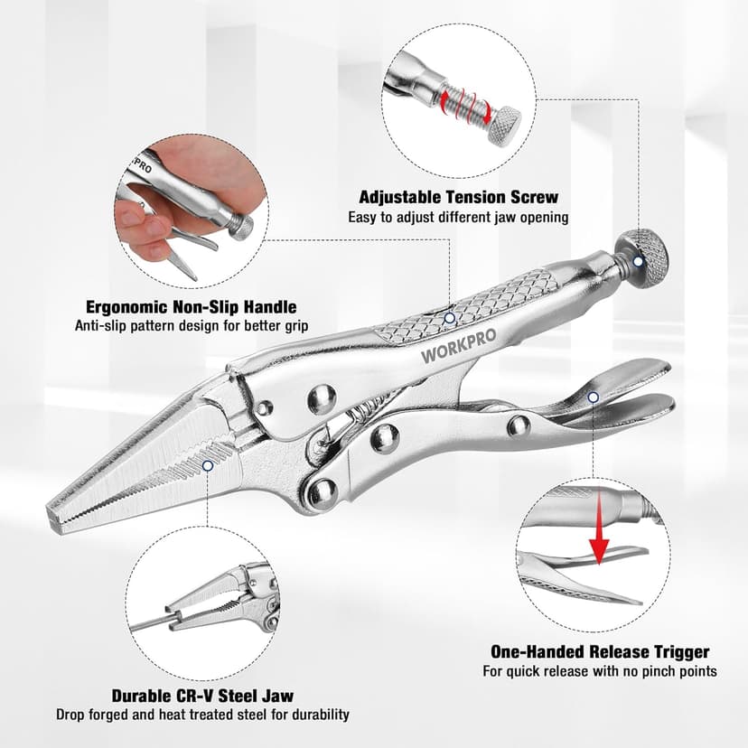 WORKPRO 4-1/2 inch Mini Long Nose Locking Pliers, Chromium-Vanadium Steel Locking Pliers, Locking Adjustable Vise Grips for Clamping Twisting Welding