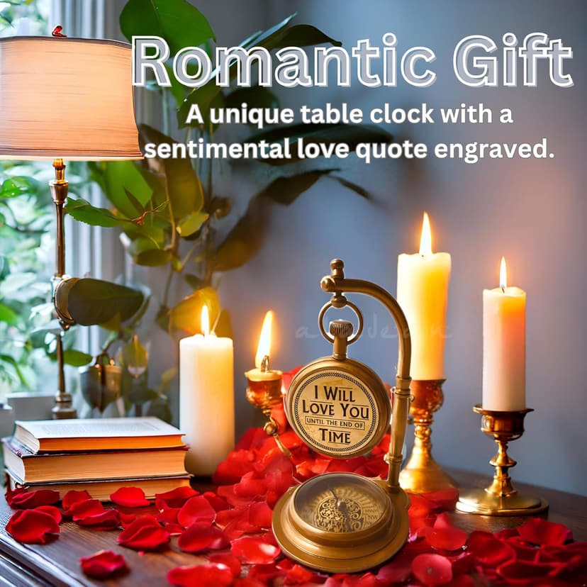 ALADEAN Brass Table Clock with Compass | Romantic Desk Clock - Decorative Vintage Mechanical Clock Lovers Boyfriend/Husband Birthday/Wedding Gifts (Love You)