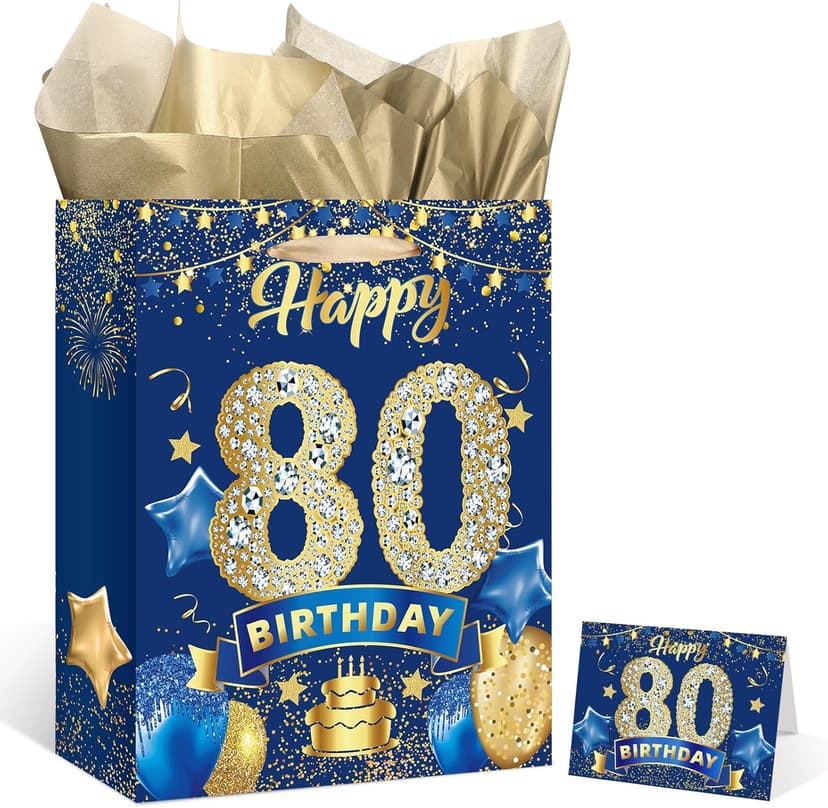 Blue 80th Birthday Gift Bag, Large Navy Blue and Gold Happy 80th Birthday Gift Wrap Bag with Card and 3pcs Tissue Paper for Men Women 80 Years Old Anniversary Party Favors Goodie Wrapping Bag Supplies