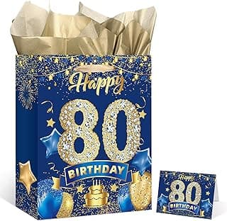 Blue 80th Birthday Gift Bag, Large Navy Blue and Gold Happy 80th Birthday Gift Wrap Bag with Card and 3pcs Tissue Paper for Men Women 80 Years Old Anniversary Party Favors Goodie Wrapping Bag Supplies