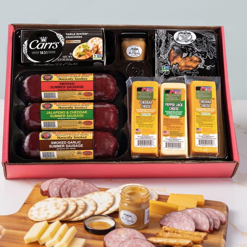 Wisconsin Cheese Company - Holiday Party Gift Box - Smoked Summer Sausages, 100% Wisconsin Cheese, Crackers, Pretzels & Mustard | Perfect for Parties, Charcuterie Boards, and Holiday Gifts