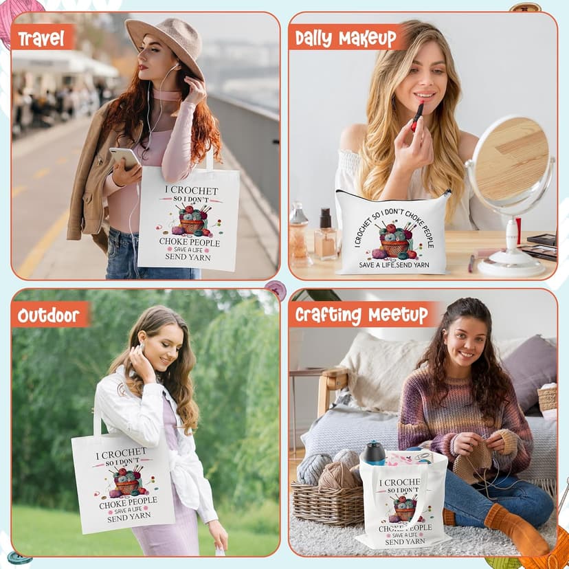 Y1tvei Crochet Canvas Tote Bag - 2Pcs Cosmetic Pouch Tote Bag Reusable Grocery Folding Shopping Bag for Crocheters Women