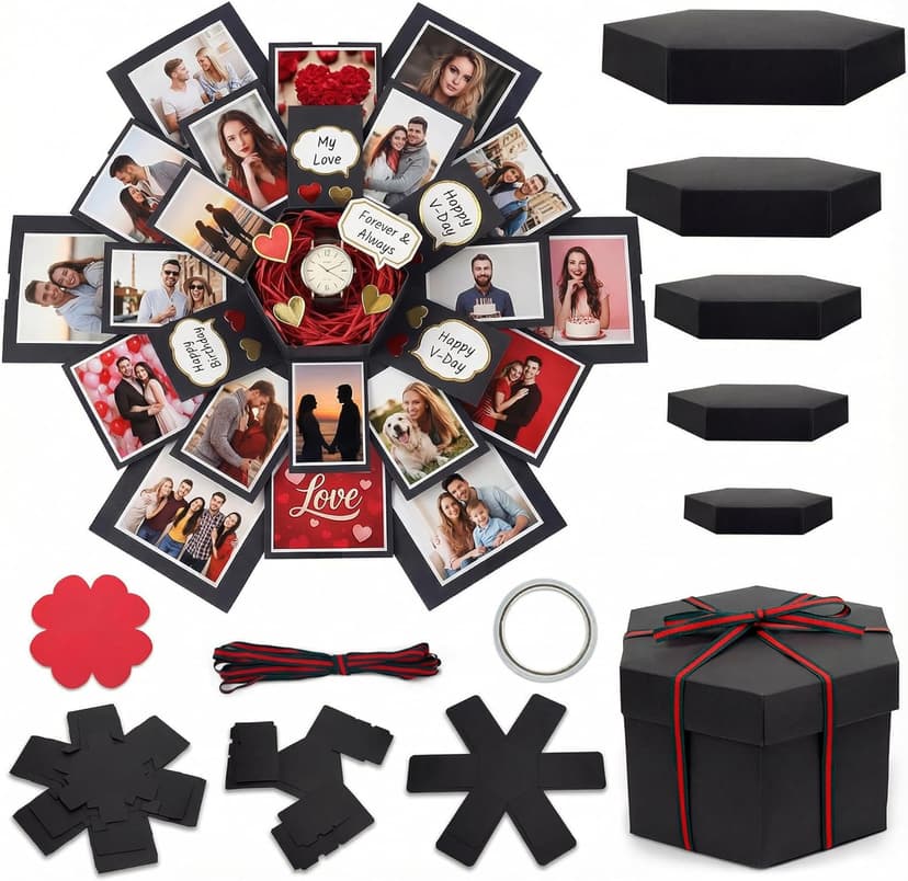 Koogel Explosion Gift Box, Handmade Exploding Photo Album Preassembled Surprise Picture Pop Up Love Box with Creative DIY Scrapbooking Accessories for Anniversary Birthday Wedding