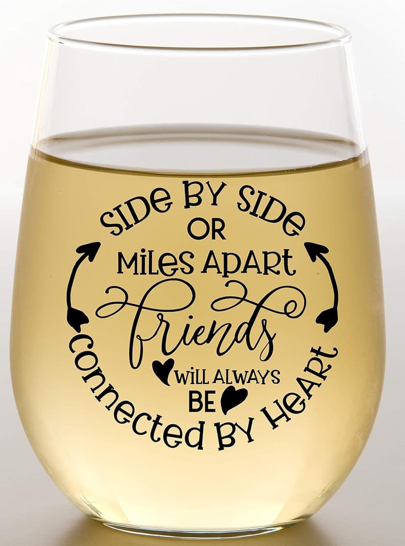 Side By Side Or Miles Apart Best Friend Wine Glass - 15 Oz, Scratch-Resistant Wine Glass - Birthday Gifts for Her, Stocking Stuffer, or Long Distance Friendship Gifts for Women - Printed in the USA