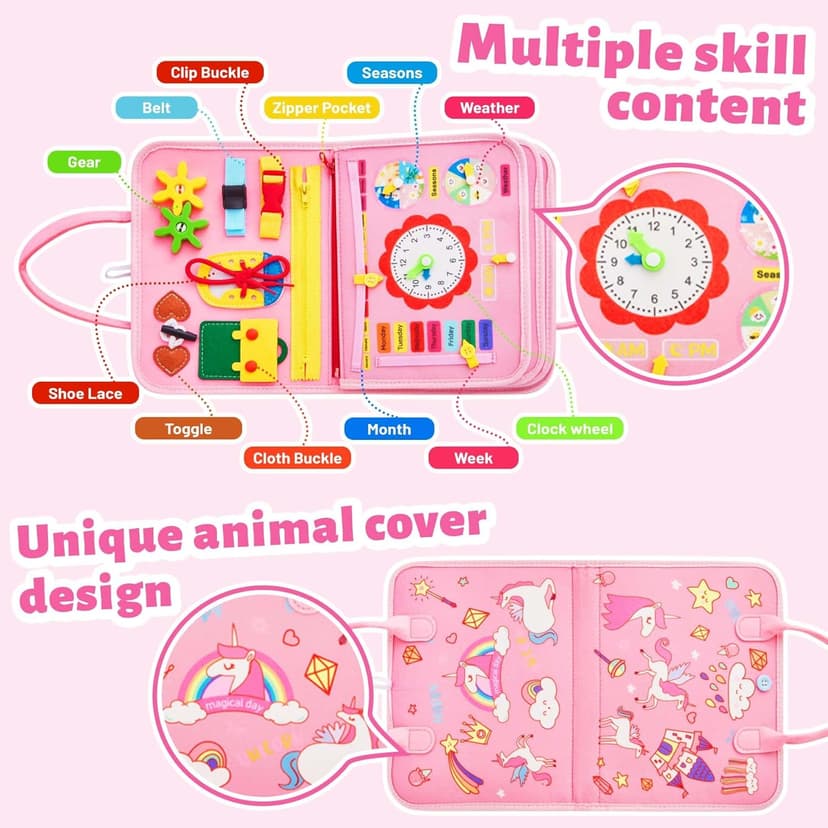 Montessori Busy Board for Toddlers 1-4 Years Old – Sensory Educational Toy for Fine Motor Skills, Travel-Friendly Activity Book, for Boys & Girls, Pink