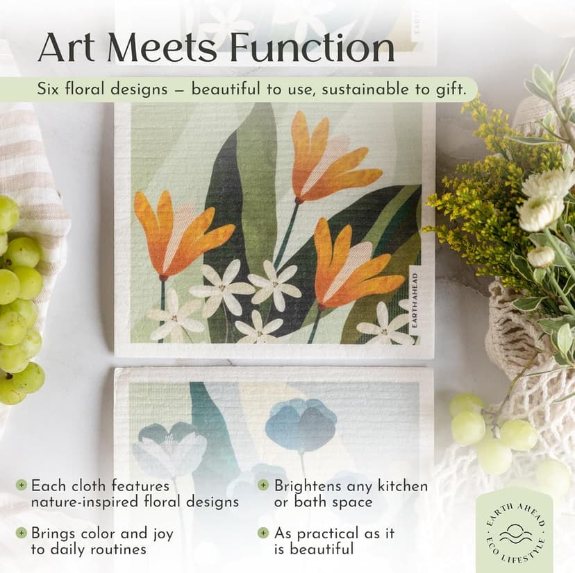 Floral Swedish Dishcloths 6-Pack – Reusable Eco-Friendly Cleaning Cloths in Plantable Packaging, Ultra-Absorbent Kitchen Sponge Cloth Gift Set.