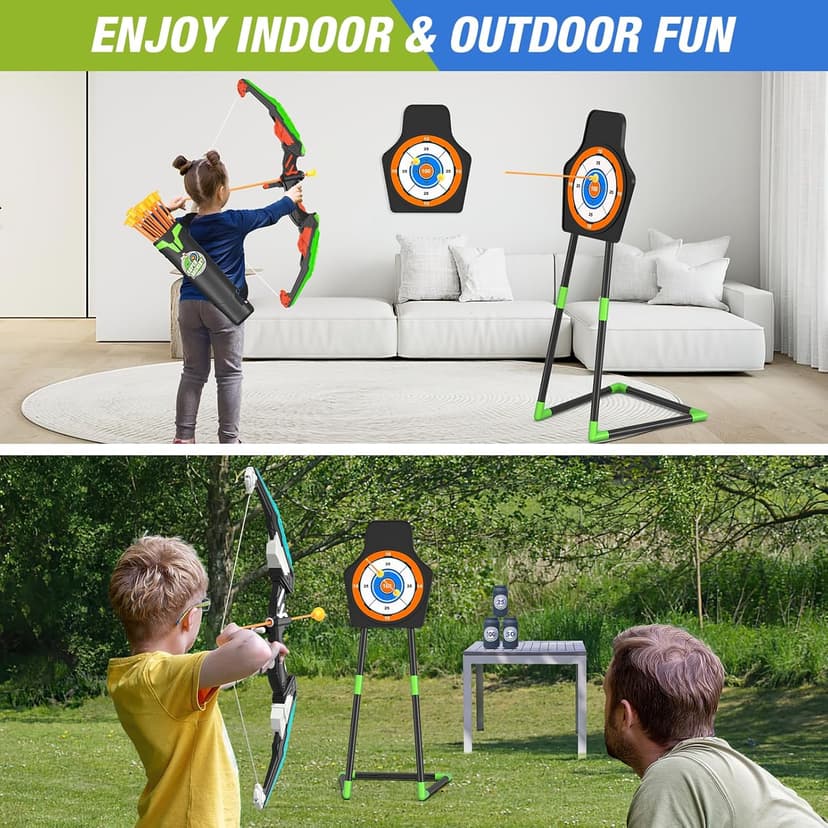 2 Pack Bow and Arrow for Kids, LED Light Up Archery Set with 24 Suction Cup Arrows, 1 Standing Target, 6 Score Targets & 2 Quiver, Indoor Outdoor Sport Gifts for Boys Girls Ages 4-8