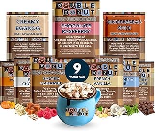 Double Donut Coffee Flavored Hot Chocolate Packets Variety Pack, 9 Count Includes Classic, Chocolate Raspberry, Salted Caramel, Peppermint, Eggnog & Gingerbread