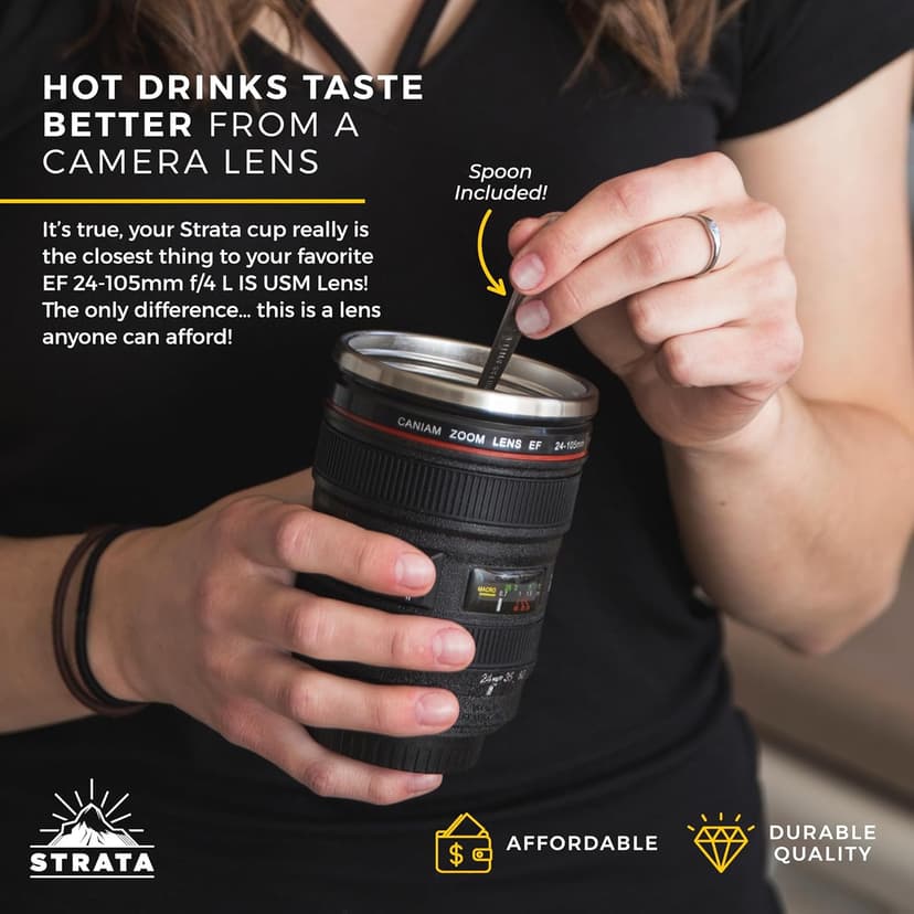 STRATA CUPS Camera Lens Coffee Mug -13.5oz | (2 LIDS + SPOON + BAG) Gift for Him, Dad Gifts, Photography, Camera accessories, Novelty Gifts