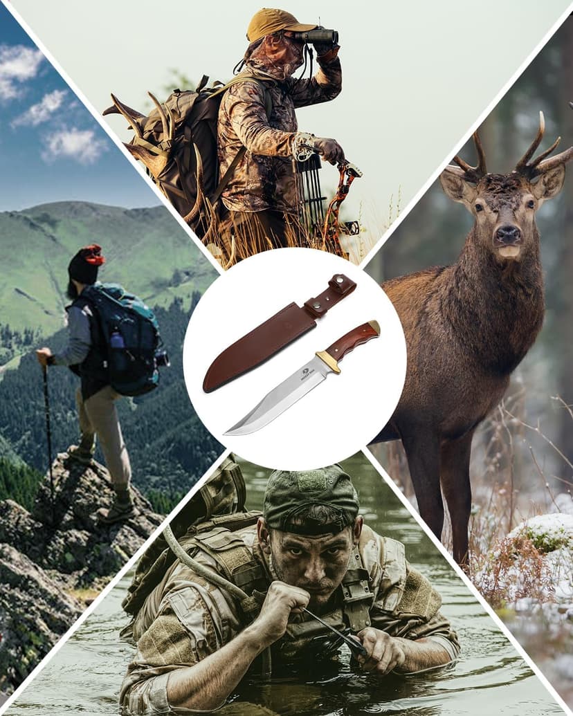 Mossy Oak 14-inch Bowie Knife, Full-tang Fixed Blade, Wood Handle Hunting Knife with Leather Sheath for Camping, Hiking, Survival