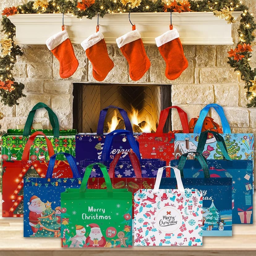 Heetobcos 12 Pack Christmas Gift Bags Large Reusable Tote Bags, Non-Wove Bags for New Year's Shopping, Christmas Surprise, Xmas Party Supplies,12.8"×9.8"×6.7"