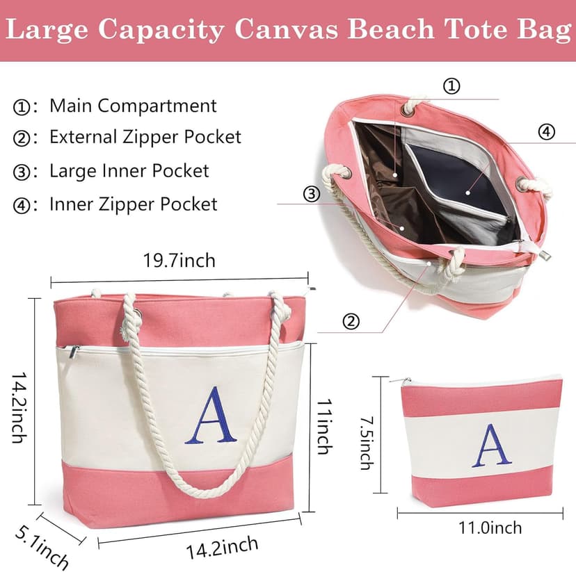 YOOLIFE Beach Bags for Women - Initial Canvas Tote Waterproof Bag with Makeup Bag Gifts for Women Mom Friend Birthday Her