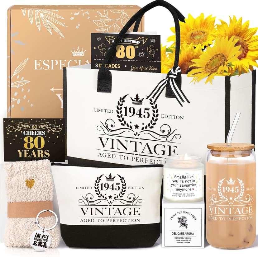 80th Birthday Gifts for Women, Cool Gifts for 80 Year Old Women, Eighty Birthday Tote Bag Glass Cup Candle Gift Basket Ideas Daughter Mom Sister Friend Wife Coworkers
