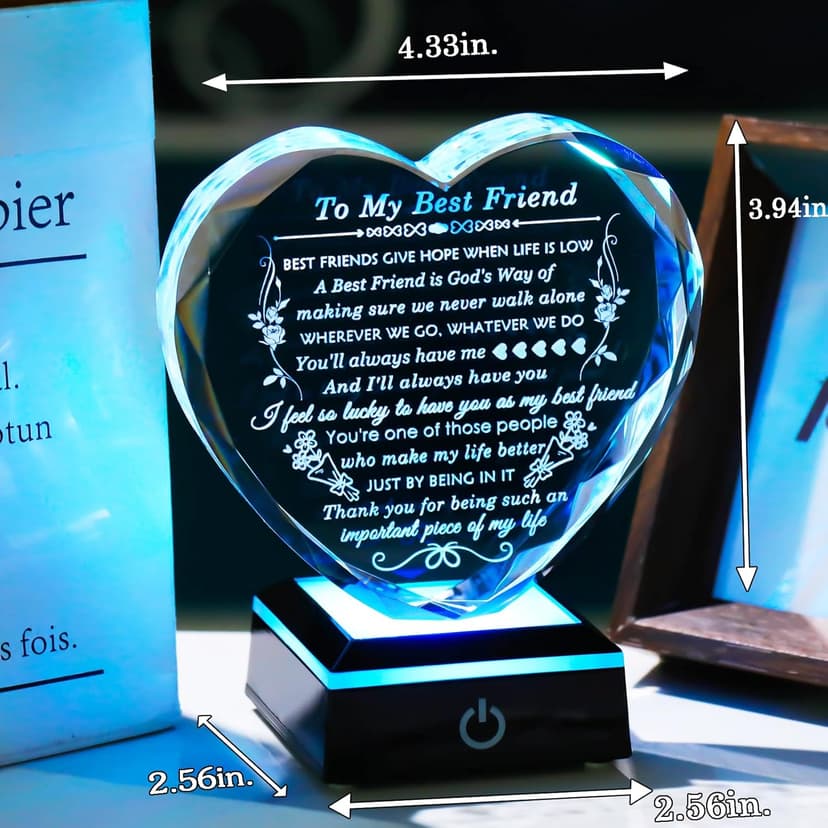 Best Friend Birthday Gifts with Colorful LED Base Crystal to My Best Friend Heart Gifts Friendship Gift for Women for Christmas Female Friend Gift Ideas BFF Gift for Her, Bestie Gifts
