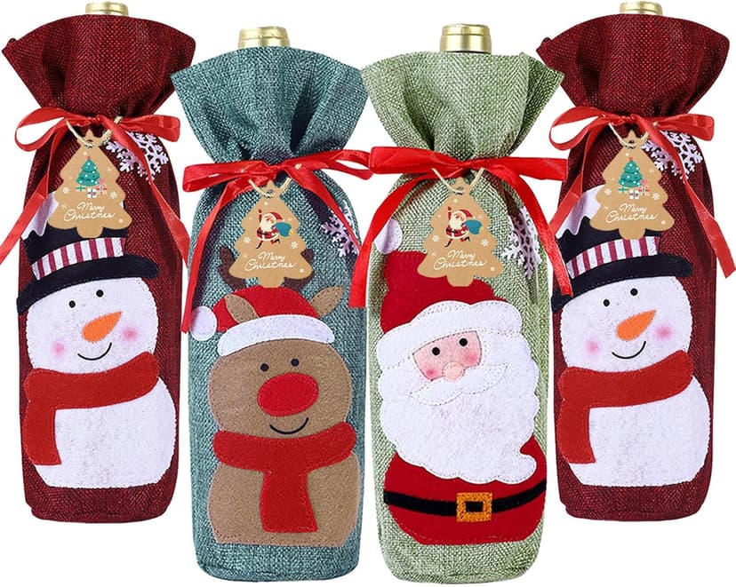 4pcs Christmas Wine Bottle Bags Burlap Wine Bottle Gift Bags with Drawstring, Reusable Santa Claus, Snowman & Reindeer Drawstring Covers for Xmas New Year Party Table Decoration