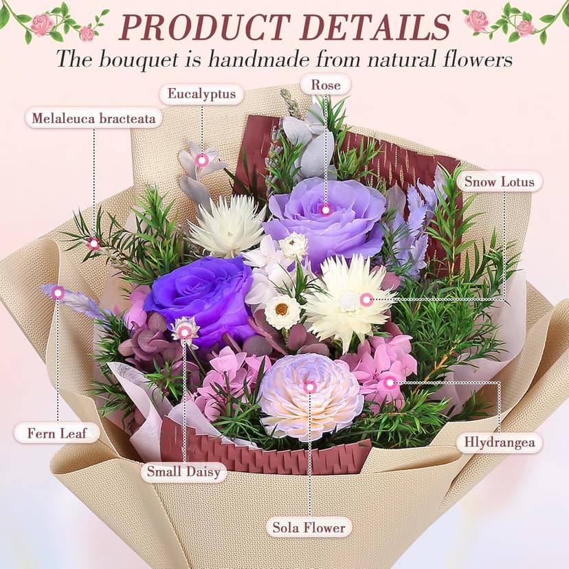 Preserved Flowers Bouquet, Flowers for Delivery Prime, Birthday Gifts for Women, Wife, Mother, Her (Purple)
