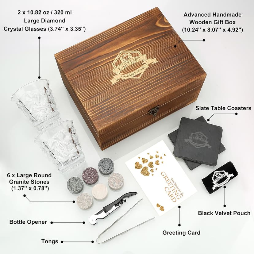 Whiskey Stones Gift Set - Whiskey Glass Set of 2 - Granite Chilling Whiskey Rocks - Scotch Bourbon Whiskey Box Set- Best Drinking Gifts for Men Dad Husband Birthday Party Holiday