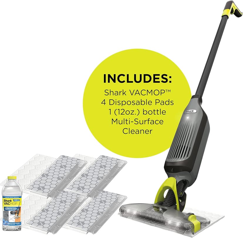 Shark VACMOP Cordless Hard Floor Cleaner, Vacuum and Spray Mop, Powerful Suction, Lightweight, LED Headlights, Includes 4 Disposable Pads, 12oz Multi-surface Cleaning Solution, Gray, VM252
