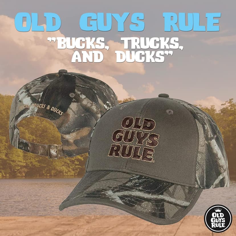 OLD GUYS RULE Men's Baseball Cap, Bucks, Trucks & Ducks - Gift for Dad, Grandpa, Husband, Father's Day, Birthday, Holiday - Funny Novelty Hat for Hunting Season, Outdoorsmen, Camping, Hunters (Camo)
