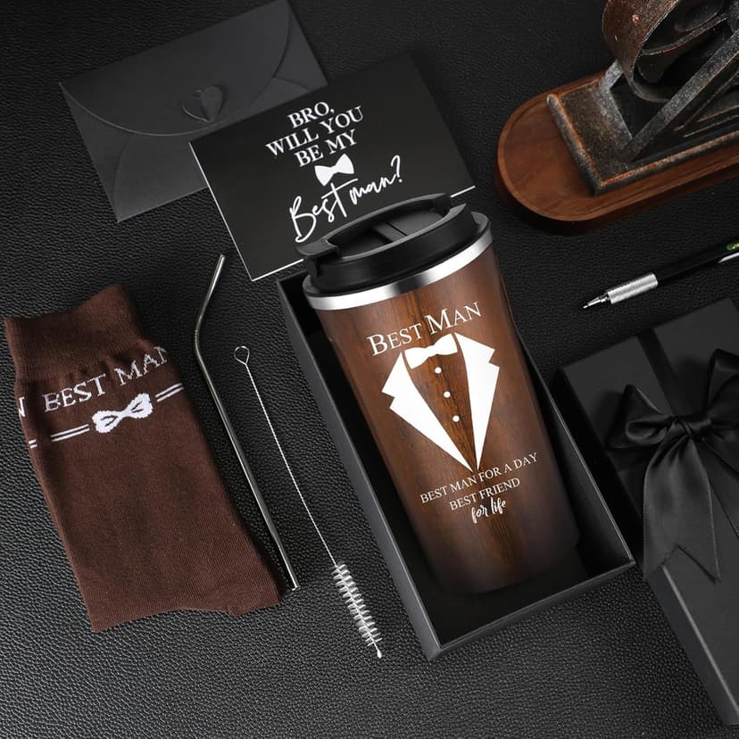 Nuanchu 6 Pcs Best Man Gifts Wedding Proposal Gift for Best Man Groomsman 17oz Office Cup Tumbler Socks Multi Tool Ballpoint Pen with Greeting Card Envelope(Wood Color)
