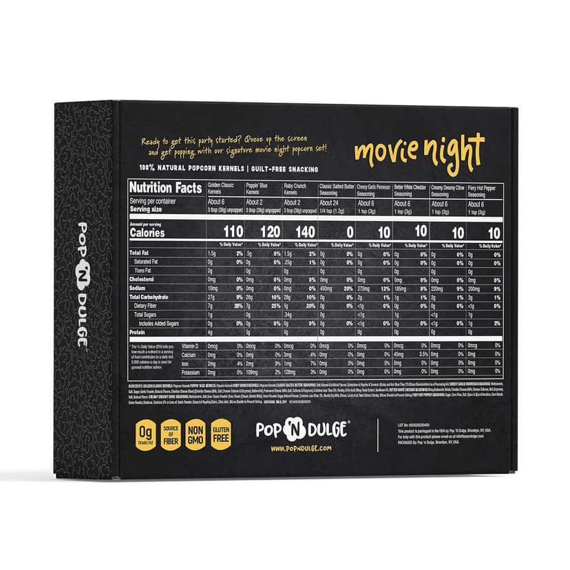 Pop n' Dulge Popcorn Movie Night Supplies 16 pcs Gift Set, 5 Gourmet Popcorn Kernels, 5 Seasoning Variety Packs Non-GMO Kosher Snacks, Great Housewarming Family Date Night Gifts Basket Ideas For Him Her