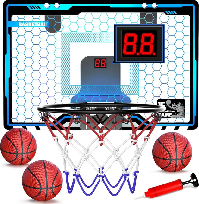 HopeRock Indoor Mini Basketball Hoop for Kids, Basketball Hoops Over The Door with LED Lighting, Mini Hoop with Scoreboard & 3 Balls, Basketball Toys Gifts for 5 6 7 8 9 10 11 12 Year Old Boys Girls