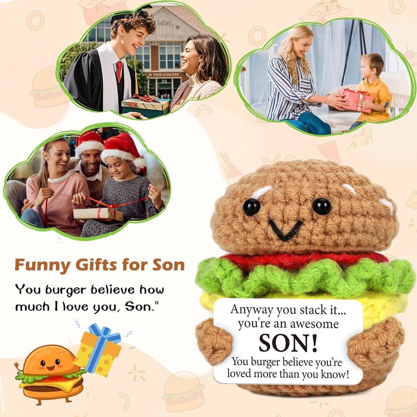 Mini Birthday Gift for Son from Dad Mom Handmade Crochet Burger for New Dad Son-in-Law Adult Sons New Father Christmas Basket Idea from Parents to Sons from Mother Father