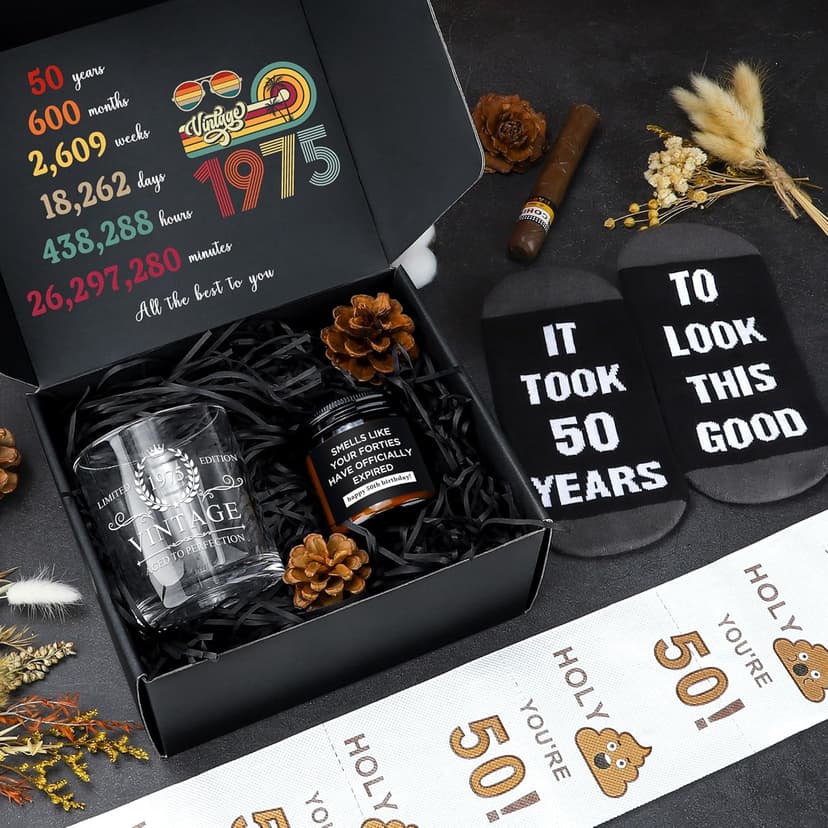 50th Birthday Gifts for Him Cool Gifts for 50 Year Old Man Happy 50th Birthday Decorations for Men Vintage 1975 Wine GlassToilet Paper Roll Novelty Socks Funny 50 Year Old Gift ideas for Mens