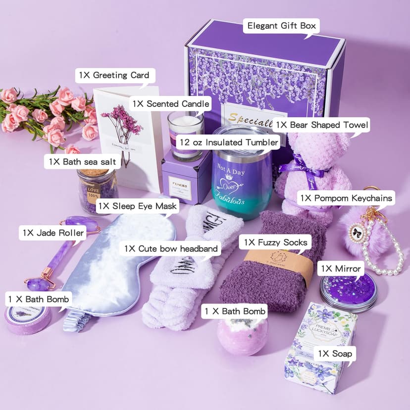 Birthday Gifts for Women,Gifts for Her Purple Gifts Basket for Women Lavender Relaxing Gift Set Self Care Package Unique Female Gift Ideas Birthday Presents Female Friendship Gifts