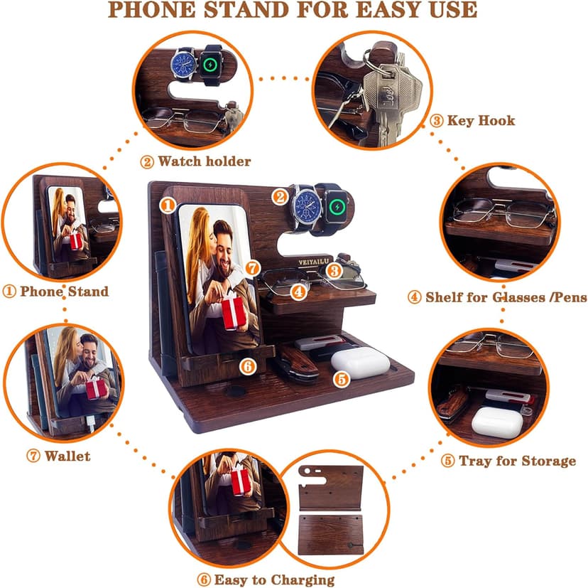 Gifts for Men Women Brother Boss Boyfriend Him Nightstand Organizer Gifts for Dad from Daughter Son Wood Phone Docking Station (Dark Brown)