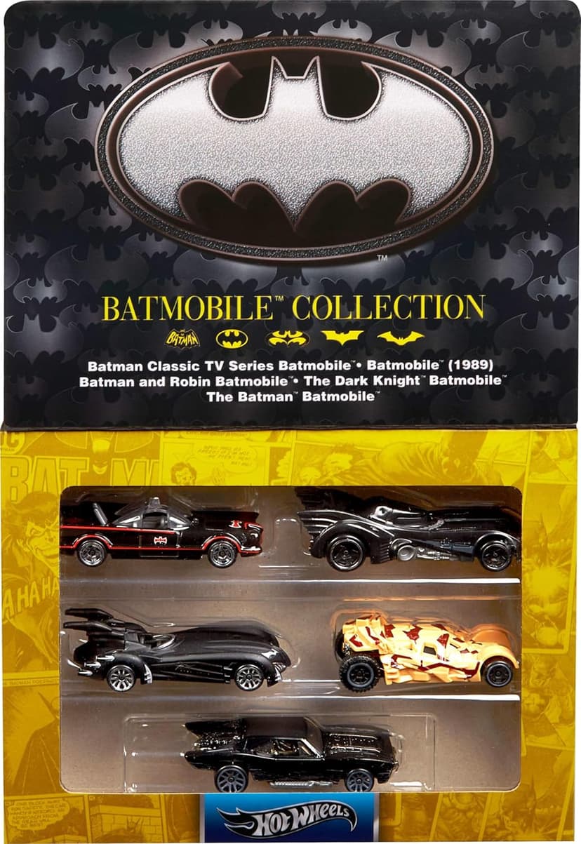 Hot Wheels 1:64 Scale Die-Cast Toy Cars, Set of 5 Batman 85th Anniversary Vehicles Featuring 5 Different Batmobile Replicas in Commemorative Packaging (Amazon Exclusive)