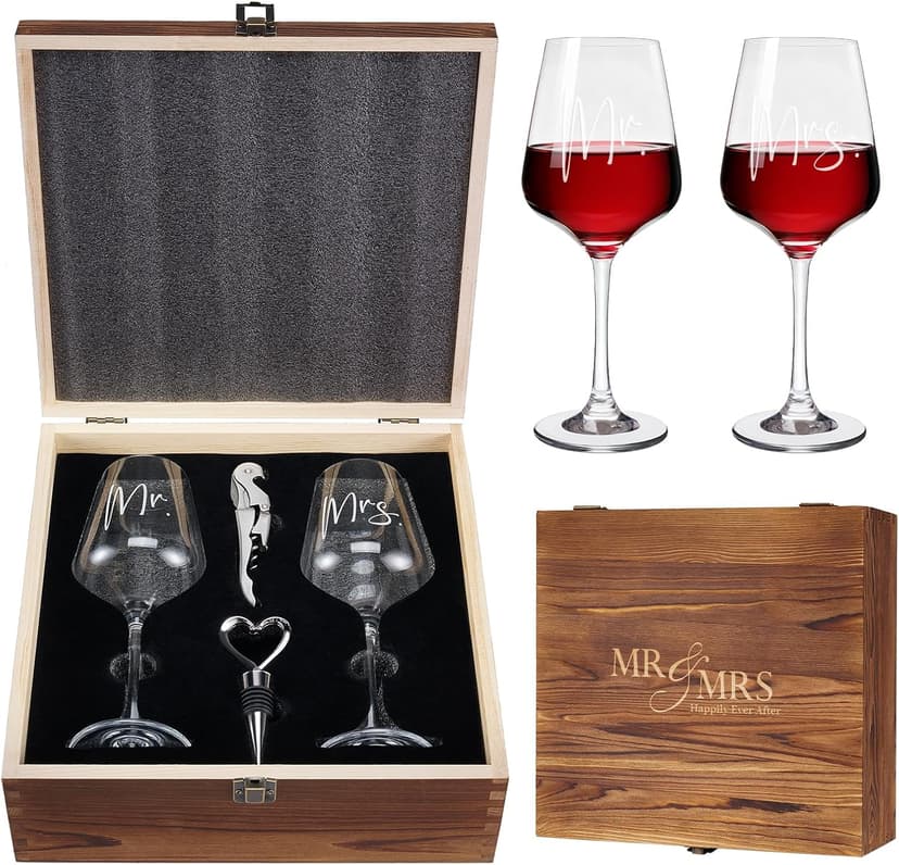 AW BRIDAL Wedding Gifts Bridal Shower Gifts Engagement Gift for Couples Newlyweds Mr & Mrs Wedding Wine Glasses Set of 2 - Wine Opener Wine Stopper with Engraved Wooden Keepsake Box