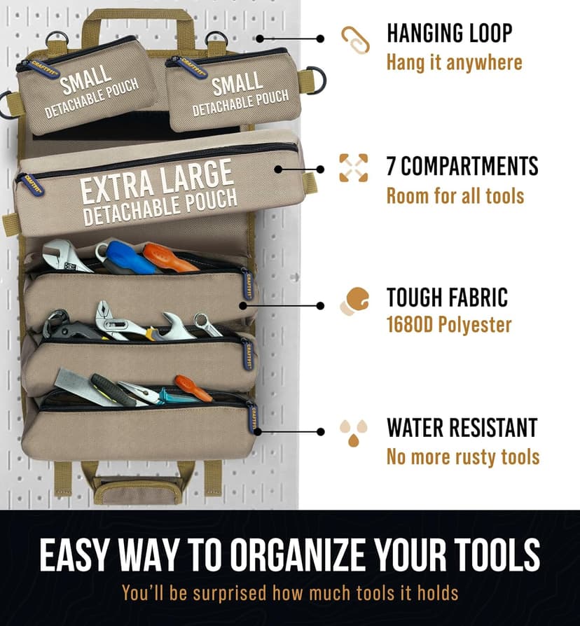 TOUGHEST Roll Up Tool Bag Organizer - 7 Pouches (3 Detachable) Compact Portable Tool Storage Box - 1680D Waterproof Small Tool Bag for Car - Gifts for Dad Mechanic Electrician