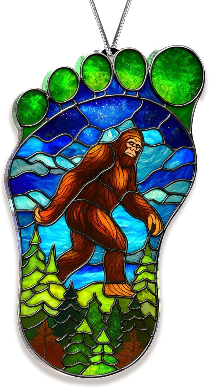 Bigfoot Suncatcher Ornament, Sasquatch Gifts for Friends, Camping Ornaments for Christmas Tree, Gifts for Bigfoot Lovers, Supernatural Funny Stocking Stuffers for Men Women (Suncatcher)