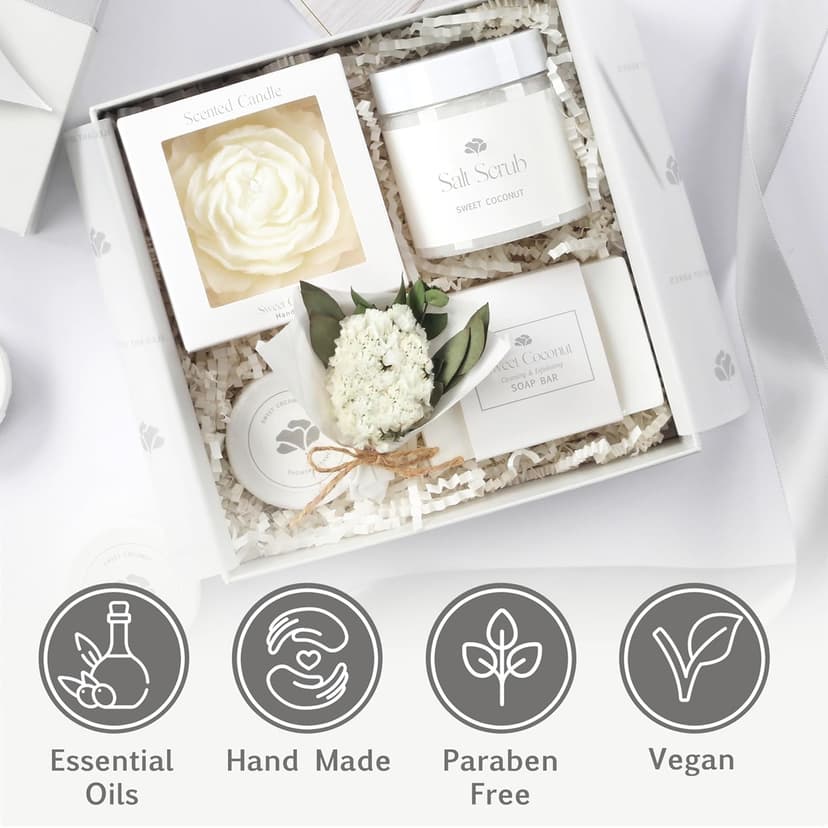 Sweet Coconut Spa Gift Set for Women – Relaxation Gift Basket with Candle, Soap, Salt Scrub & Shower Steamers – Birthday, Thank You, Bridal Shower & Self Care for Mom, Wife, Sister, Friend