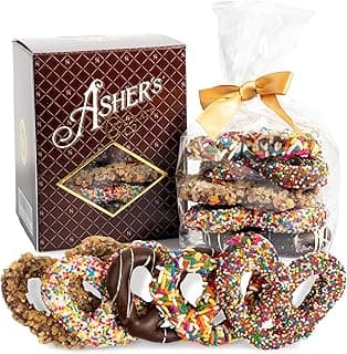 Asher's Chocolates, Chocolate Covered Pretzels Gift Basket, Holiday Assortment of Candy, Small Batches of Kosher Chocolate, Family Owned Since 1892, Improved Box Design (Milk & Dark)