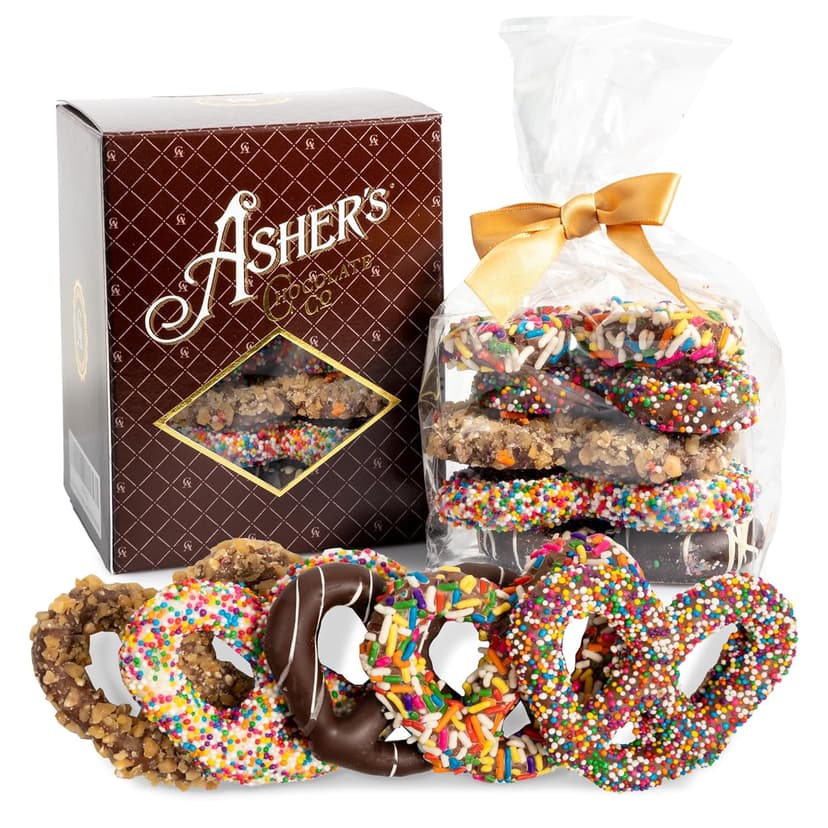 Asher's Chocolates, Chocolate Covered Pretzels Gift Basket, Holiday Assortment of Candy, Small Batches of Kosher Chocolate, Family Owned Since 1892, Improved Box Design (Milk & Dark)