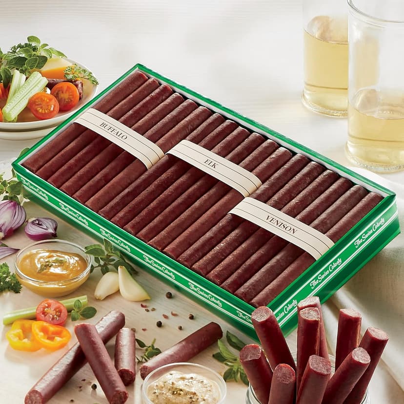 The Swiss Colony Wild Game Meat Sticks Gift Box - Includes Exotic Meats: Buffalo, Elk, and Venison Blended with Pork and Beef, Gift Package for Men