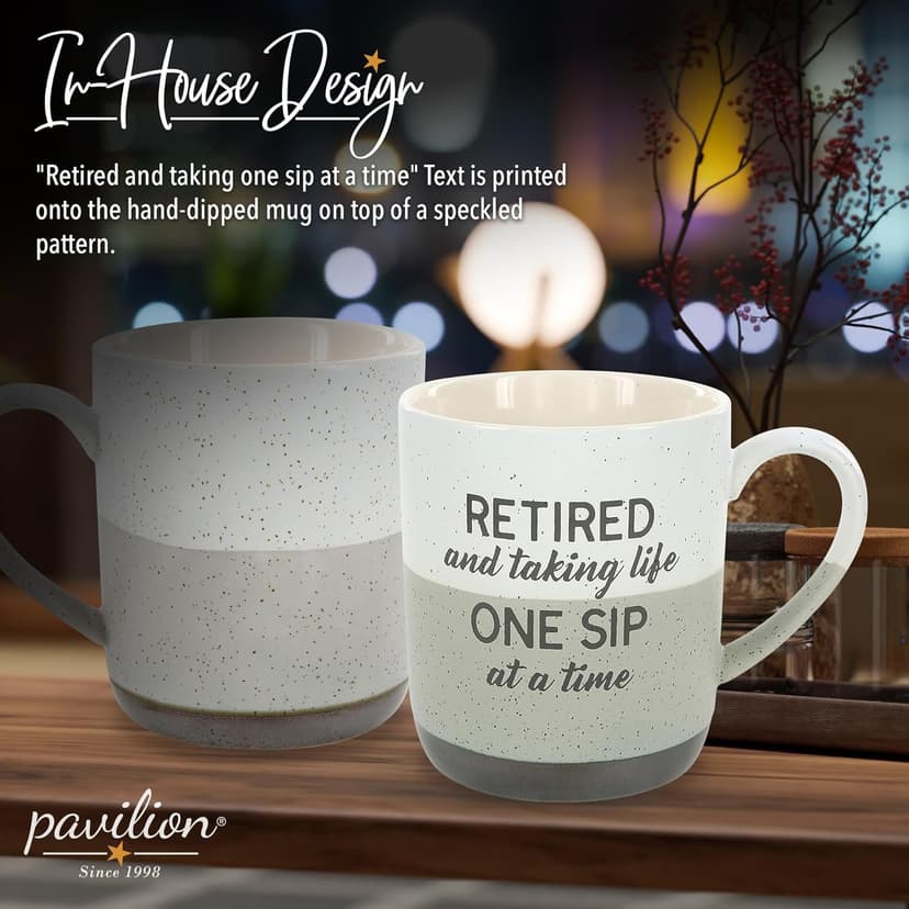 Pavilion Retirement Coffee Mug - "Retired & Taking Life One Sip at a Time" Text Design - Speckled Stoneware Coffee Cup for Retirees, Microwave & Dishwasher Safe, Beige w/ Bronze Metallic Bottom, 15 oz