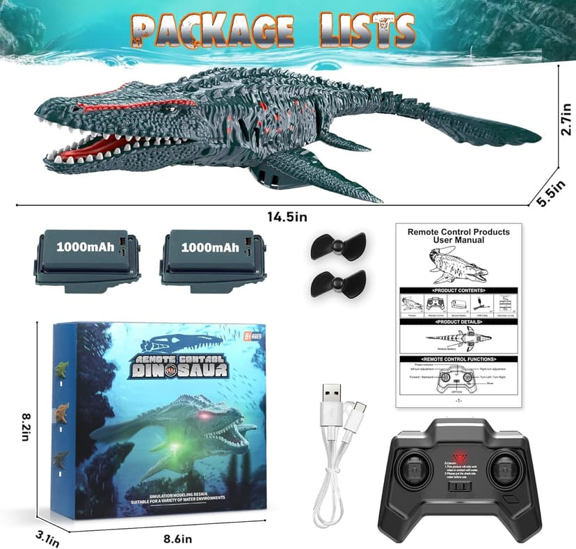 2.4GHz Remote Control Mosasaurus Dinosaur Swimming Pool High Simulation Toys, RC Boat Lake Bathroom 8-12 Years Boys Girls Christmas Halloween Tricky Birthday Gift