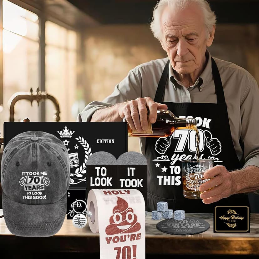 70th Birthday Gifts for Men Whiskey Glass Set, 70th Birthday Party Supplies with 11 Oz Whiskey Glass Coaster Stone Baseball Cap Apron Sock Funny Toilet Paper Keychain for Him, Dad, Husband, Friends