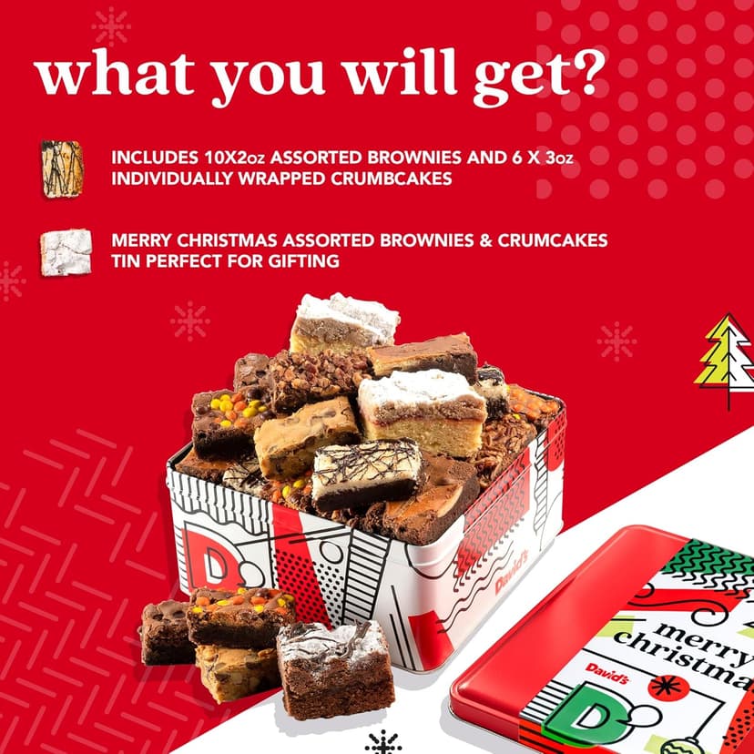 David's Cookies Merry Christmas Assorted Brownies & Crumb Cake Gift Tin 16pcs - Delicious, Fresh Baked Snacks, Gourmet Chocolate Fudge Slices, Brownies, Ideal Gift for Christmas Holidays