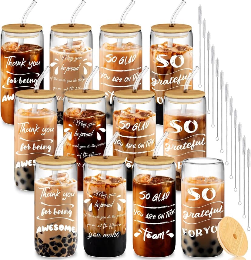 12 Set Employee Appreciation Gifts, Inspirational Thank You Gift for Team, Teacher, Nurse, Coworkers, Employees, Staff - Employee Christmas Gifts, 20oz Glass Cups with Lids and Straws (Mixed)