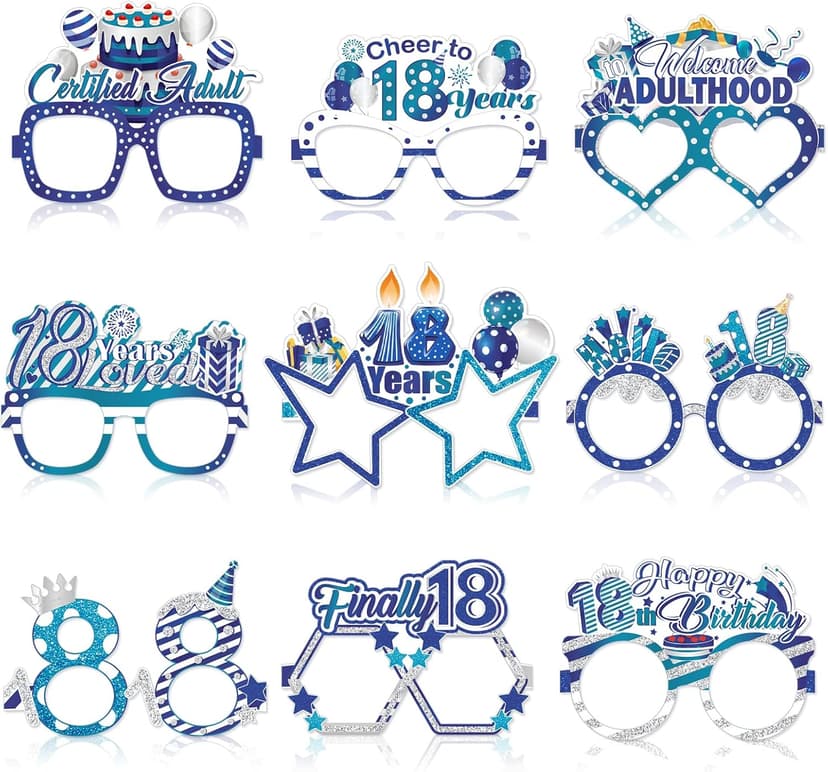 Konsait 18th Birthday Glasses - 18 Pack Blue Silver Paper Glasses 18th Birthday Gifts for Boy, Party Decorations, Accessories & Photo Props